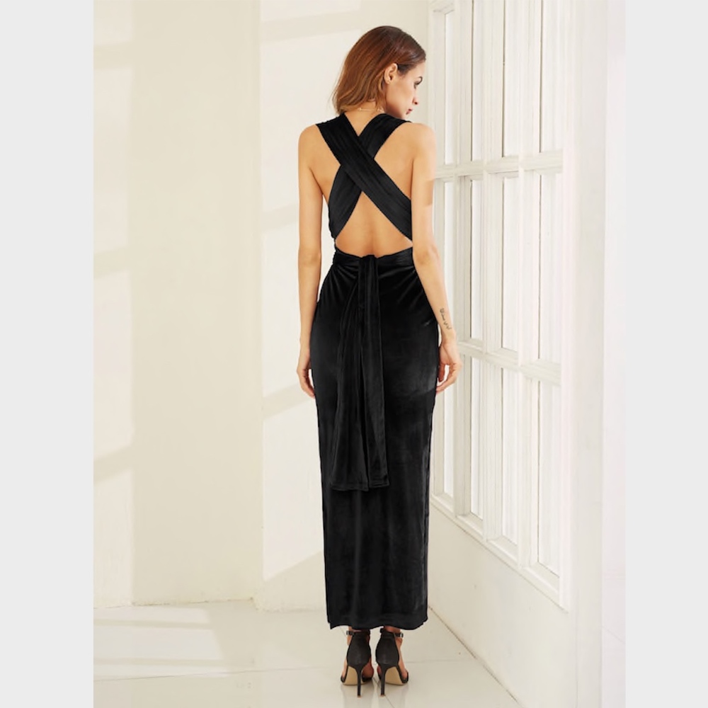 Convertible High Slit Velvet Maxi Dress Black - Picture 7 of 8